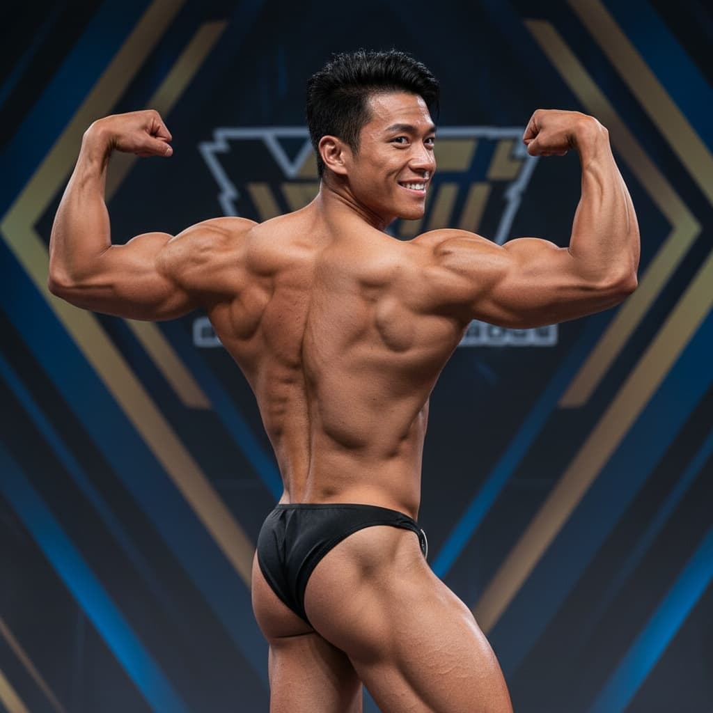 athletic asian man back double biceps stage 66067140