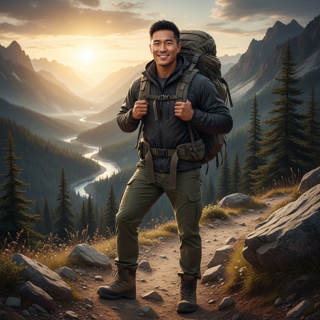 athletic asian man backpacking adventure portrait 83978704