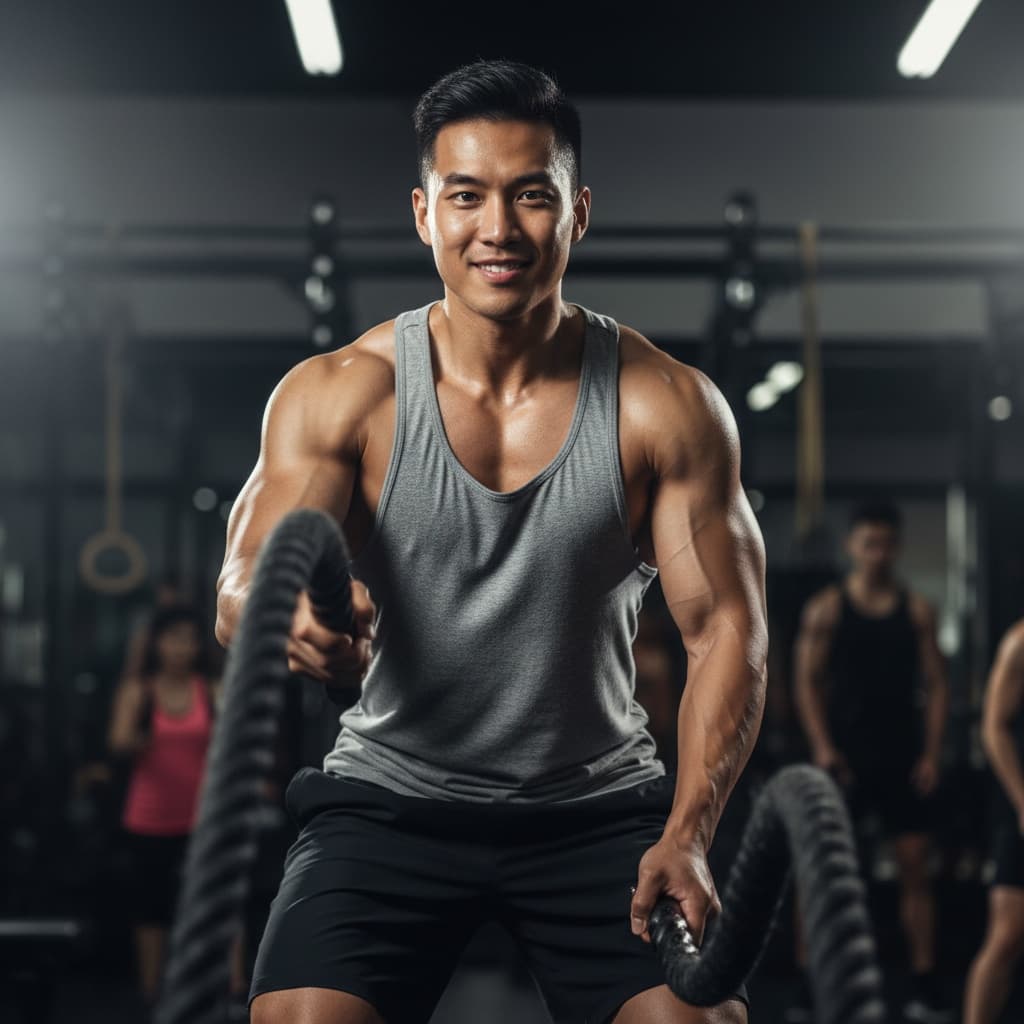 athletic asian man battle ropes intensity 91711426