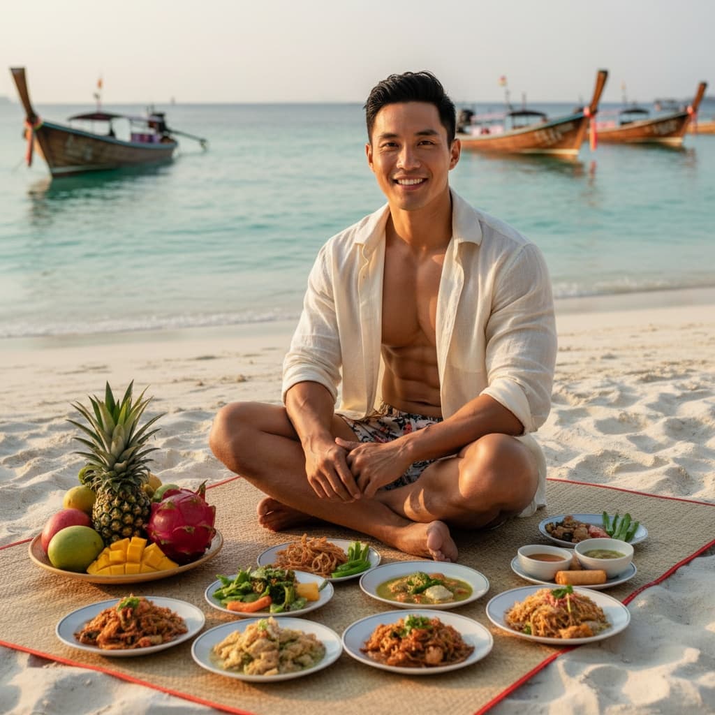 athletic asian man beach picnic setup 66247818