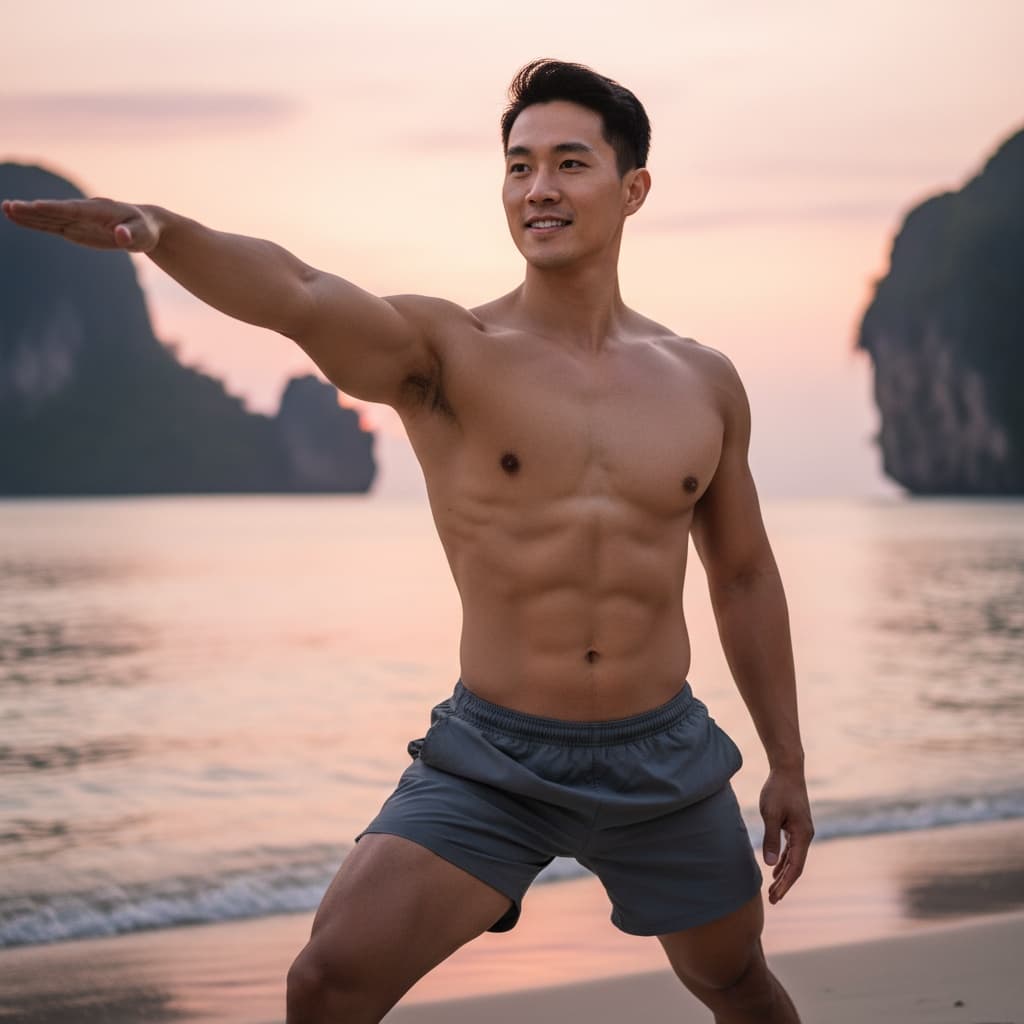 athletic asian man beach yoga sunrise 97722054