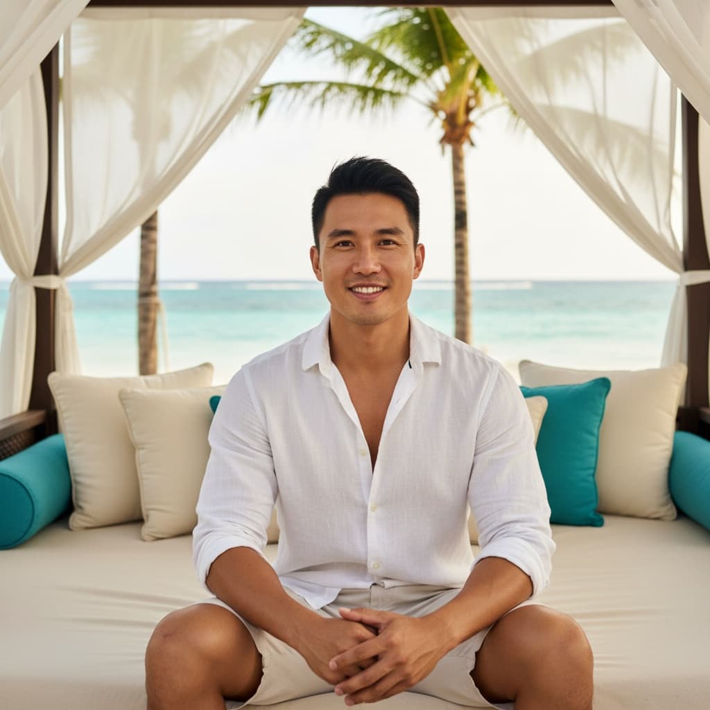 athletic asian man beachfront pavilion daybed 51597572