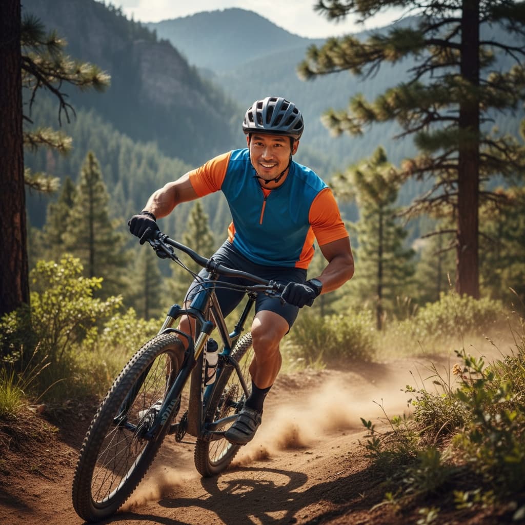 athletic asian man biking trail action 36357021
