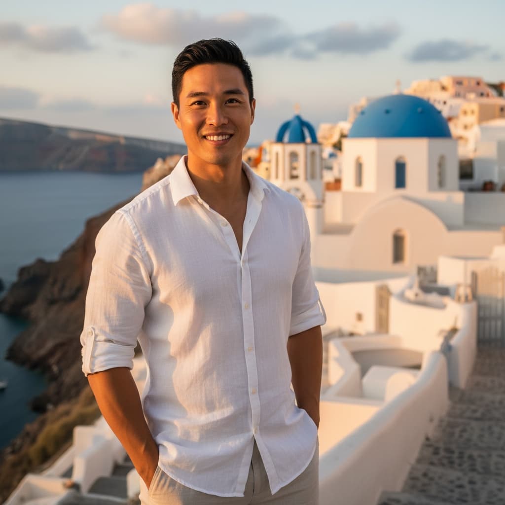 athletic asian man blue dome church portrait 78661513