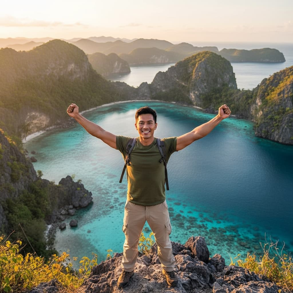 athletic asian man el nido cliff viewpoint 15894348