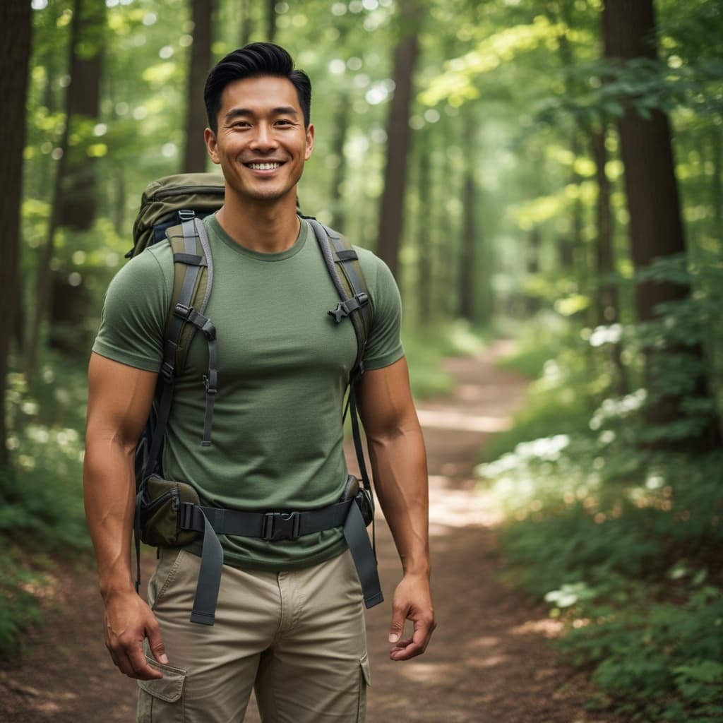 athletic asian man forest trail portrait 92095721