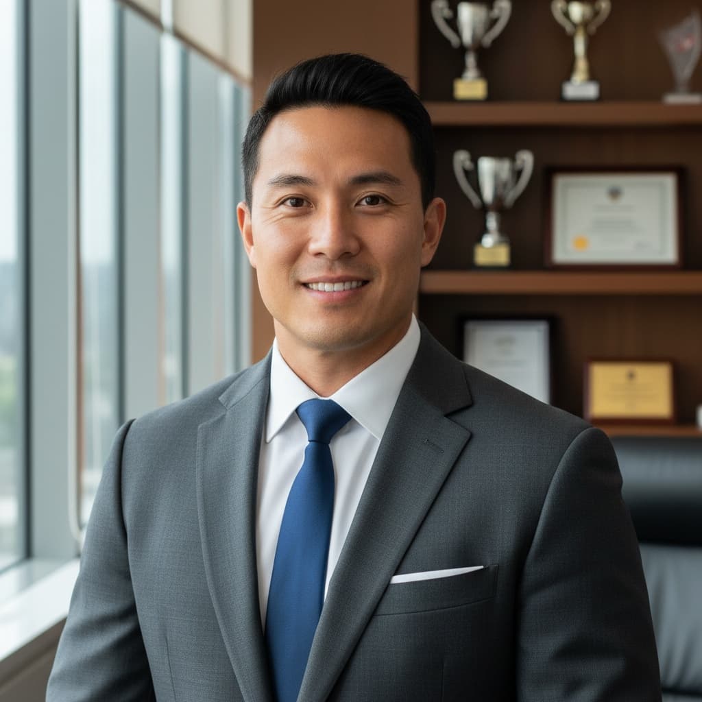 athletic asian man formal portrait office setting 20387070