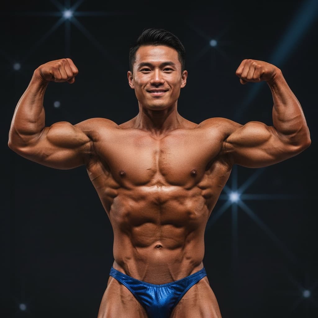 athletic asian man front double biceps stage 39345222
