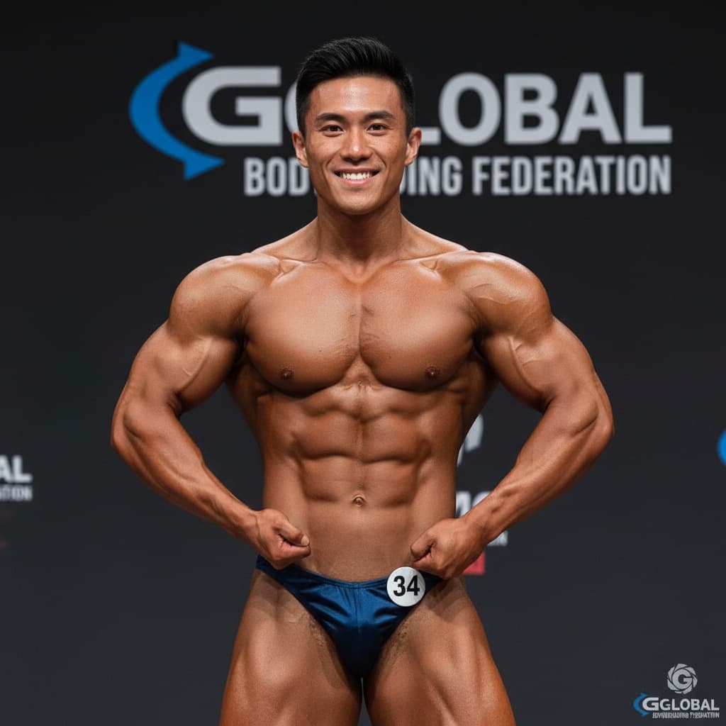 athletic asian man front relaxed stage presence 98456378