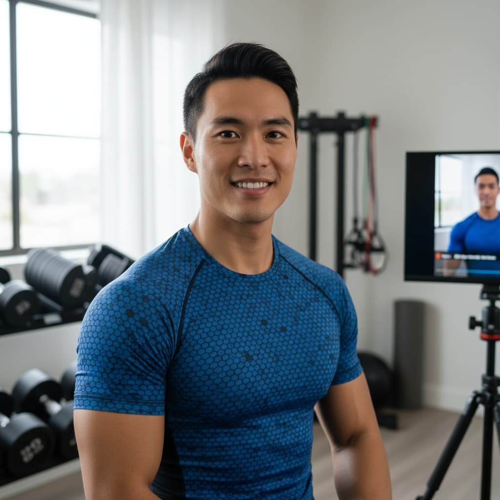 athletic asian man home training setup 27019987