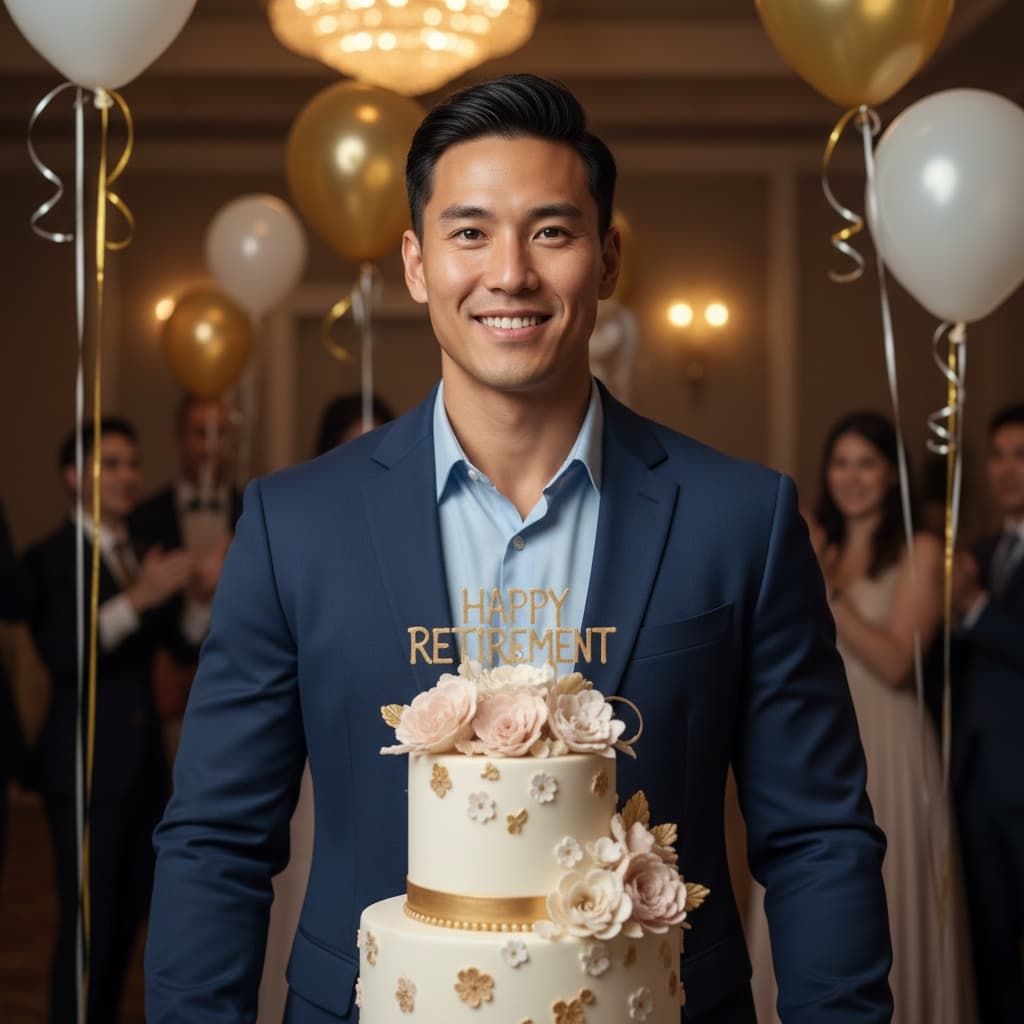 athletic asian man honoree portrait with cake 16263483