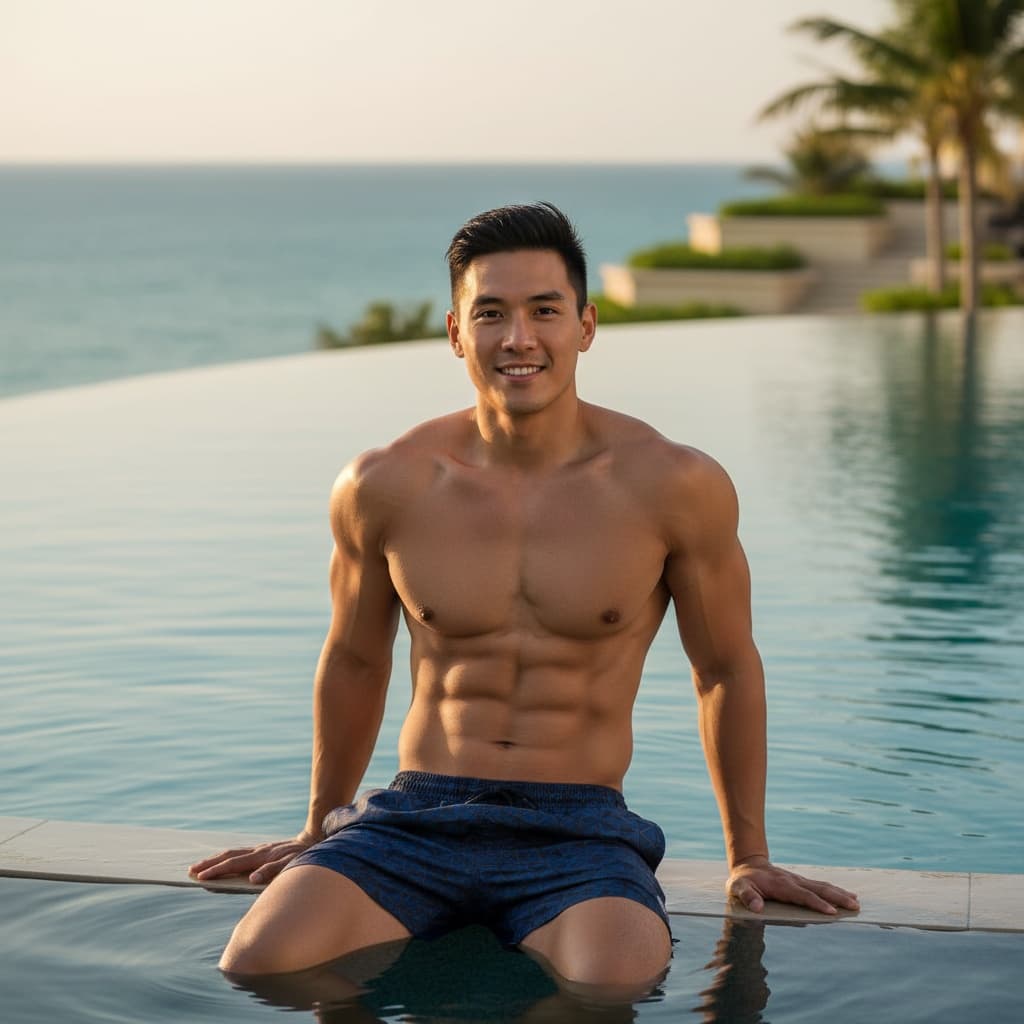 athletic asian man infinity pool lounging 16309697