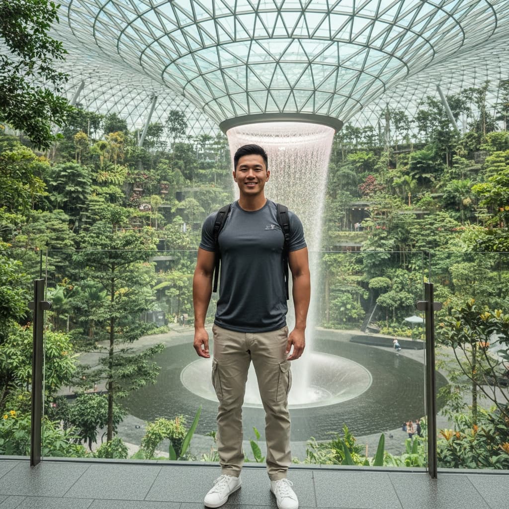 athletic asian man jewel changi waterfall 39168757
