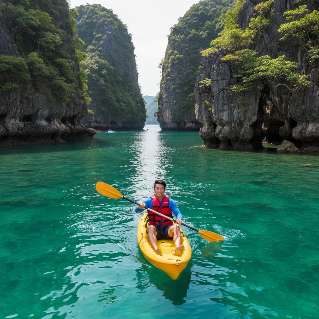 athletic asian man kayaking hidden bay 54462381