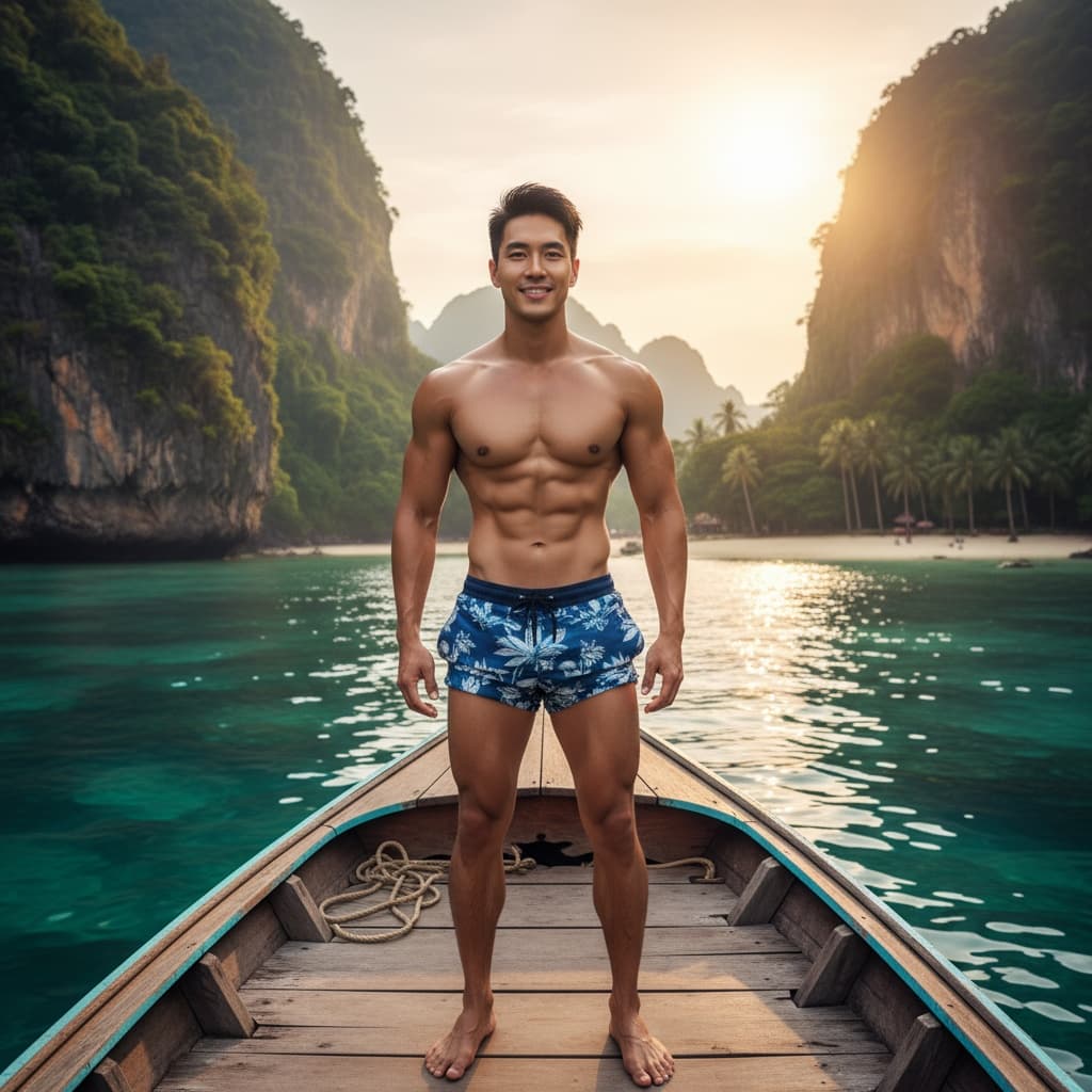 athletic asian man limestone cliffs longtail boat 23513350