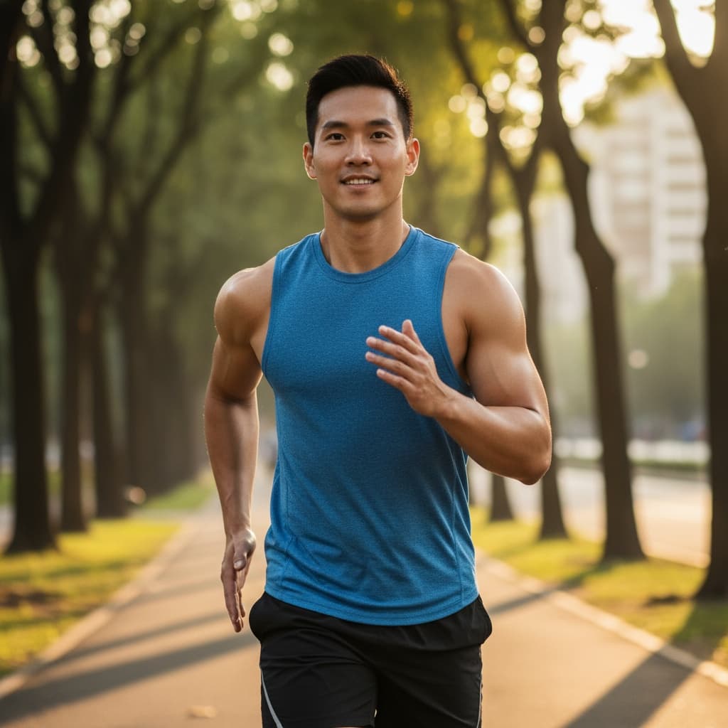 athletic asian man outdoor action shot 42845238