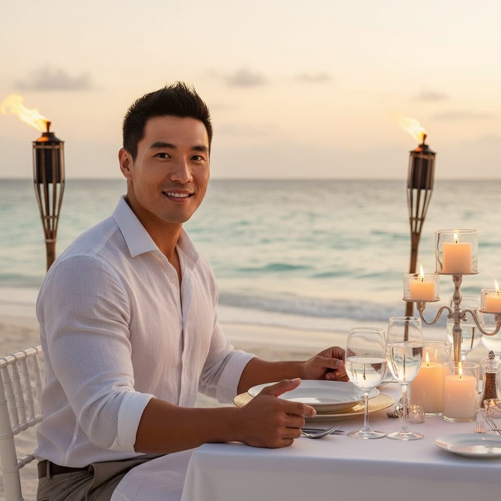 athletic asian man romantic beach dinner setup 54572702