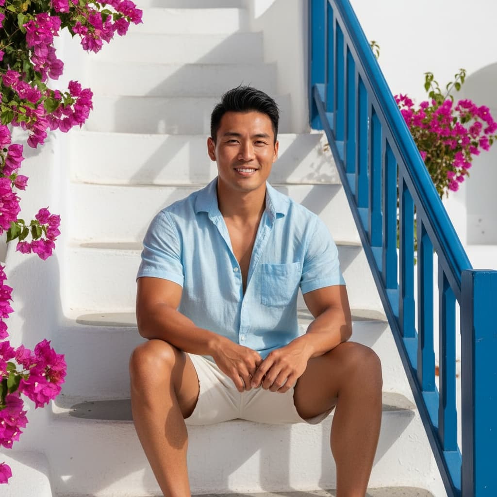 athletic asian man santorini steps portrait 84506658