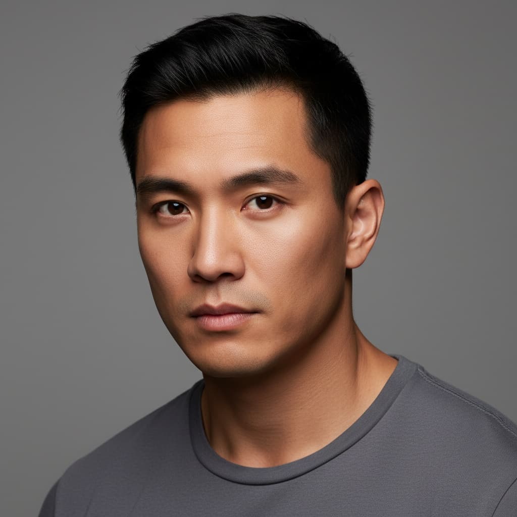 athletic asian man serious character study 33093543
