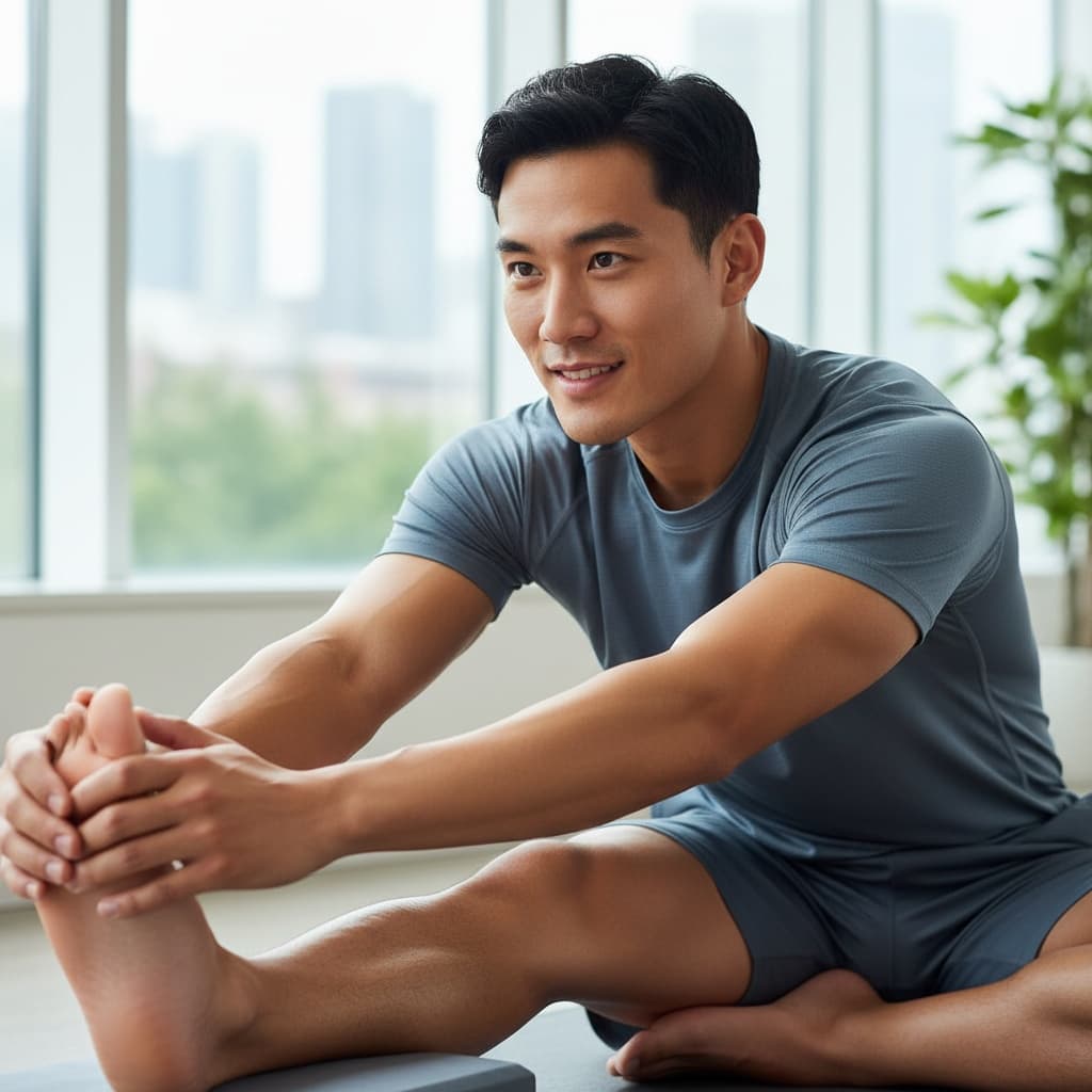 athletic asian man stretching cool down serene 25201717