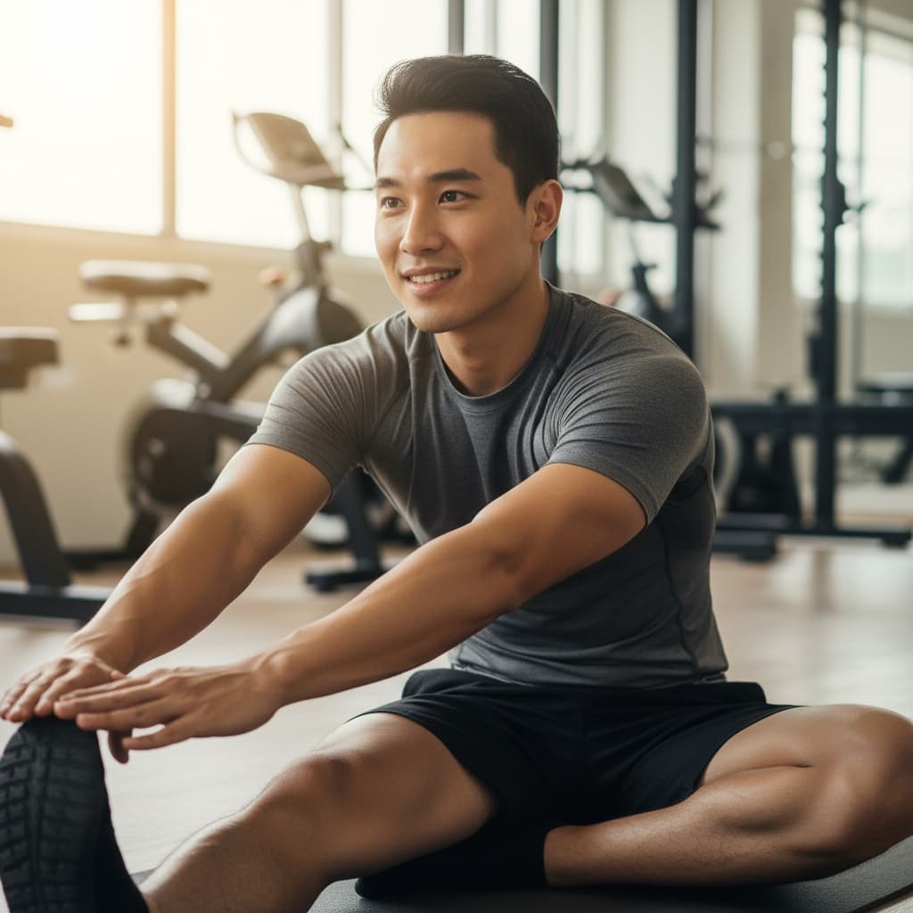 athletic asian man stretching cooldown floor 41085542
