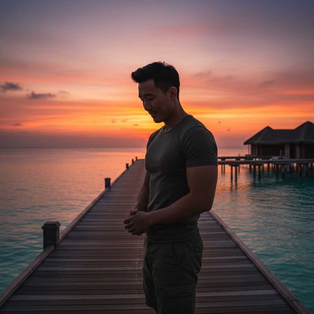 athletic asian man sunset pier silhouette 65839503