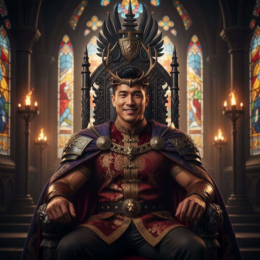 athletic asian man throne room regal pose 12903058