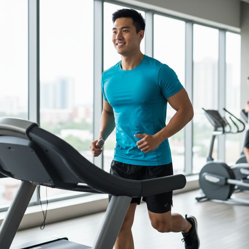 athletic asian man treadmill cardio action 63037540