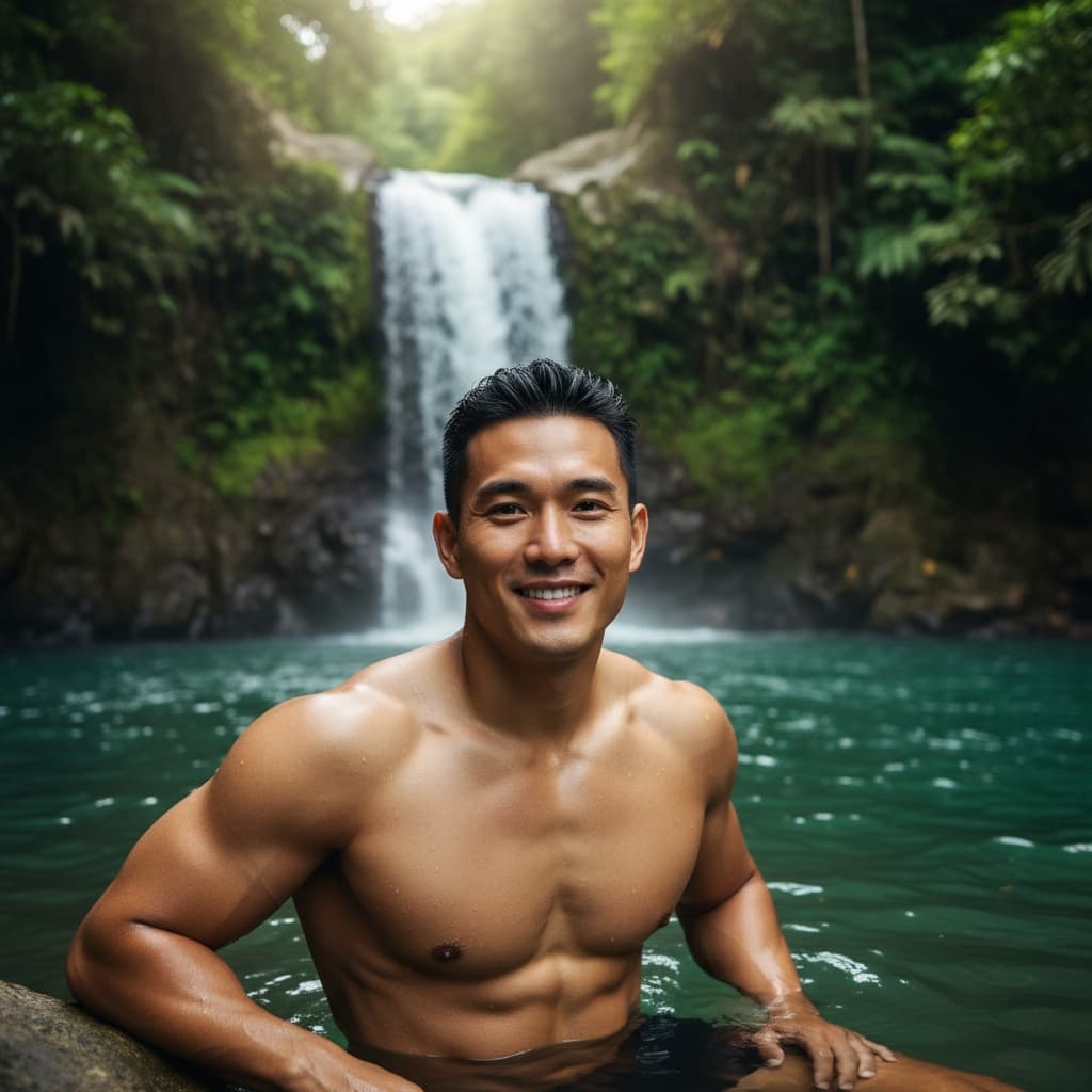 athletic asian man tropical waterfall pool 50240047