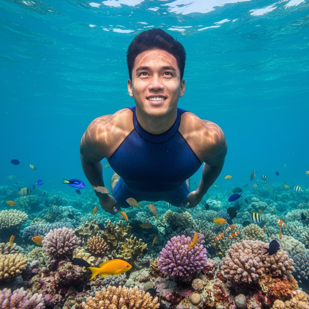 athletic asian man underwater coral snorkeling view 32133852