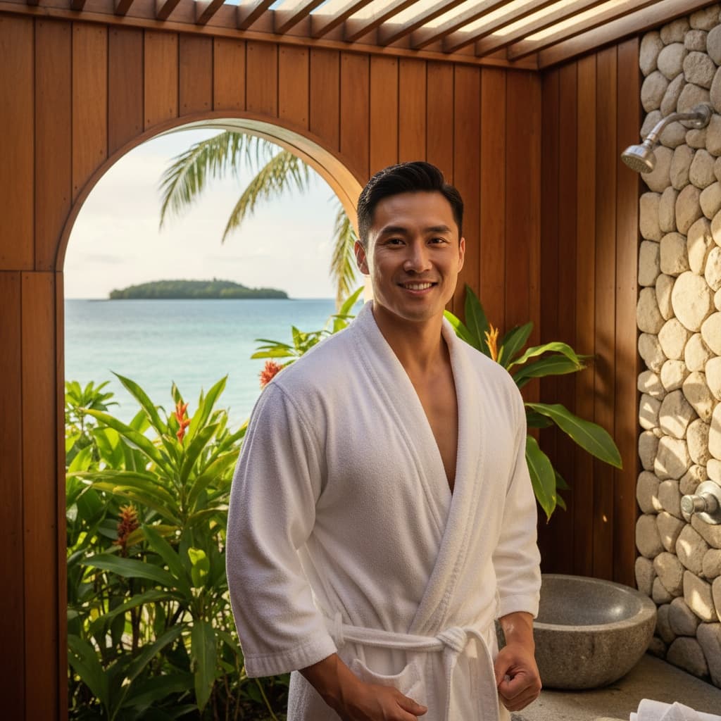 athletic asian man villa outdoor shower 96636269