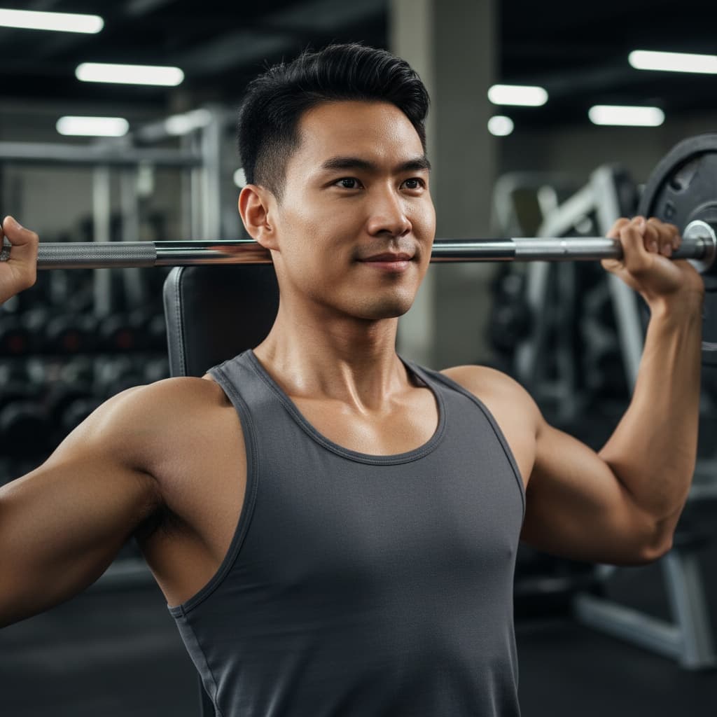athletic asian man weight bench close up 92749186