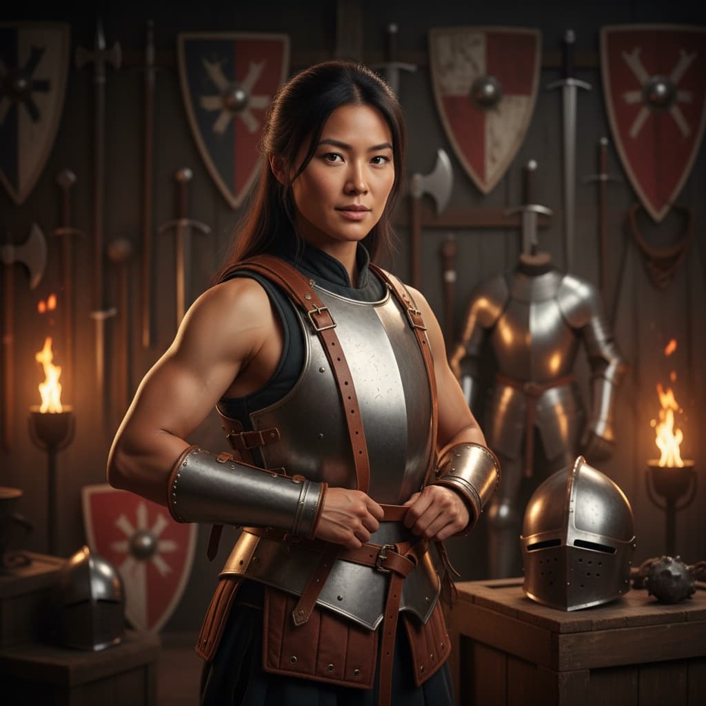 athletic asian woman armory preparing equipment 80973918