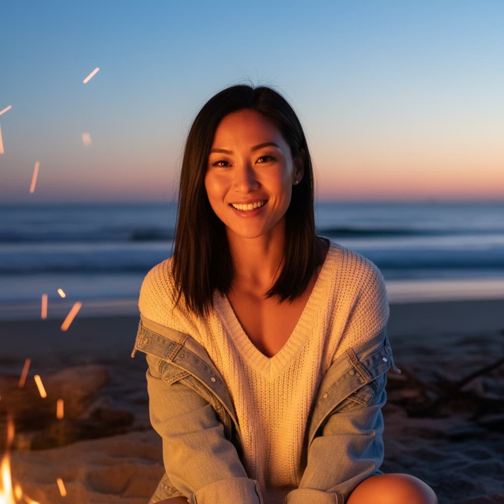 athletic asian woman beach bonfire evening 63160478