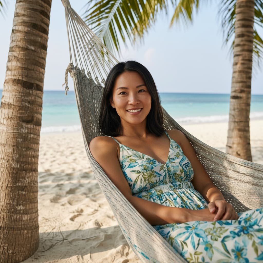 athletic asian woman beach hammock relaxing 90224378