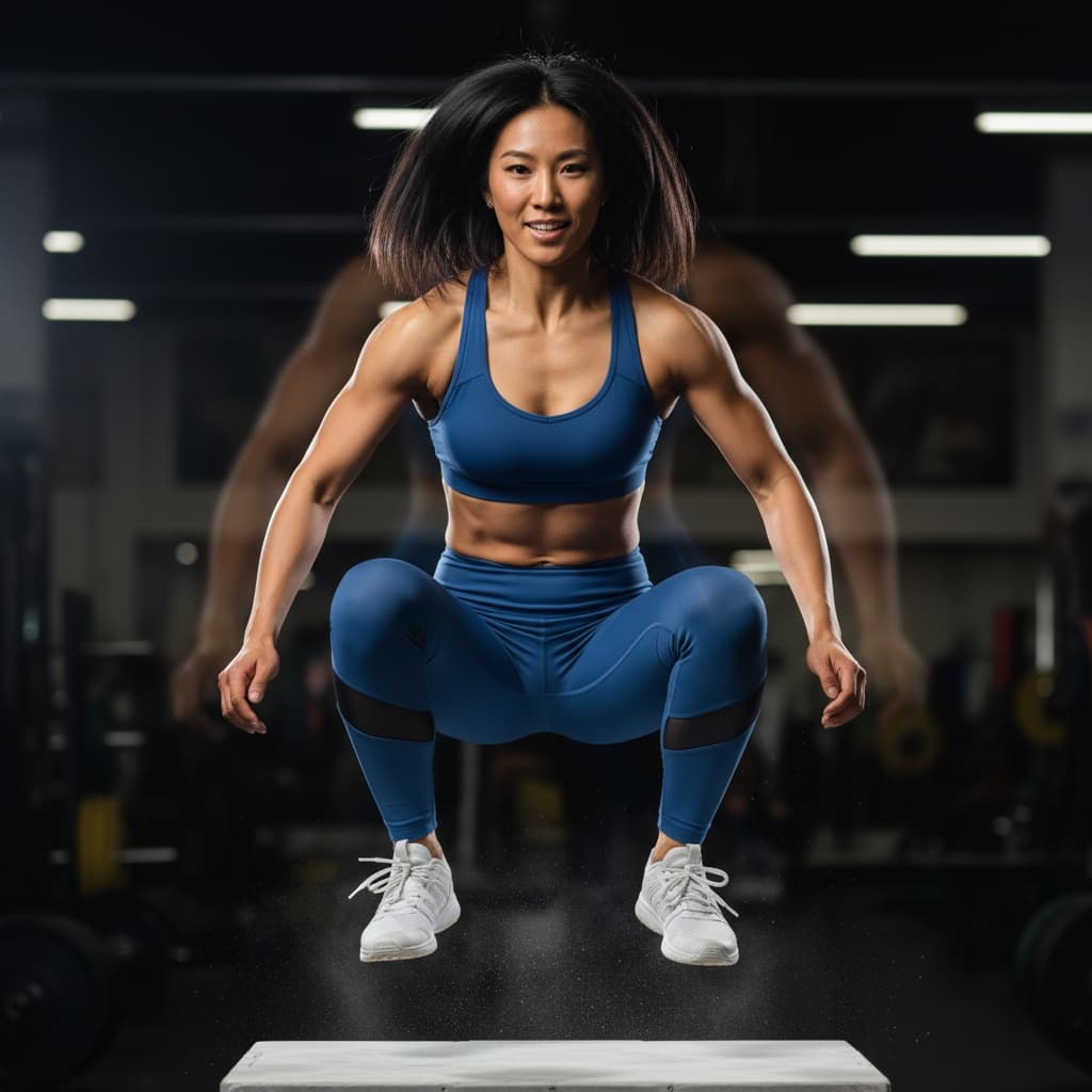 athletic asian woman box jump explosive action 10950050