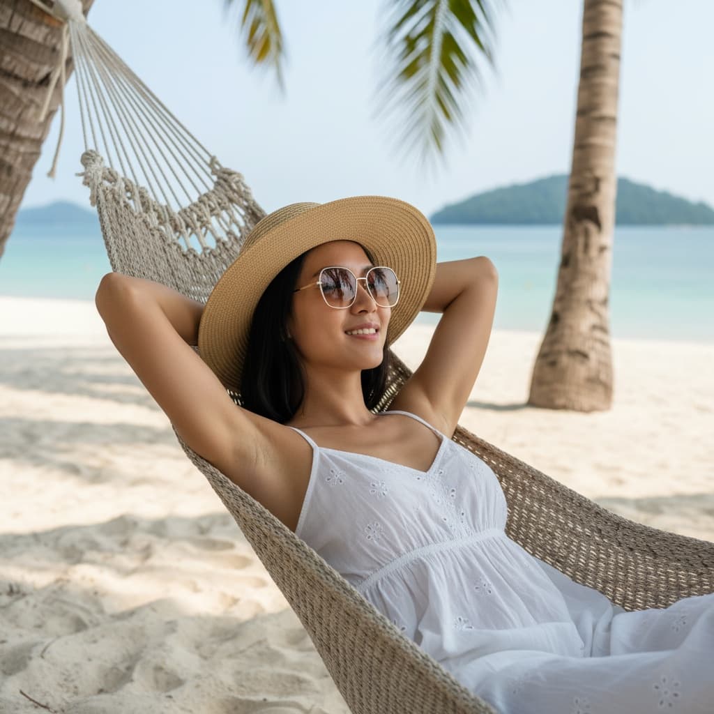 athletic asian woman hammock between palms 77578336