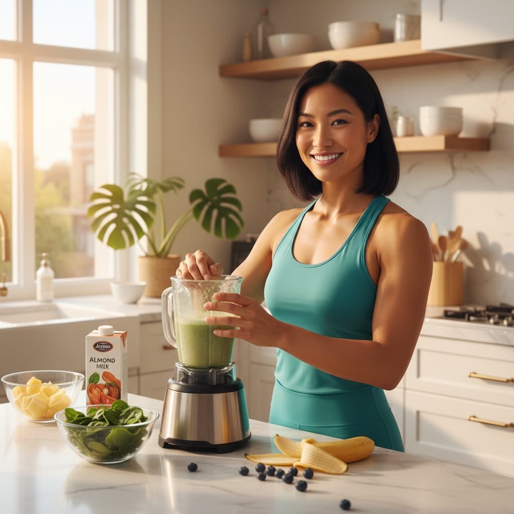 athletic asian woman kitchen protein shake prep 91576692