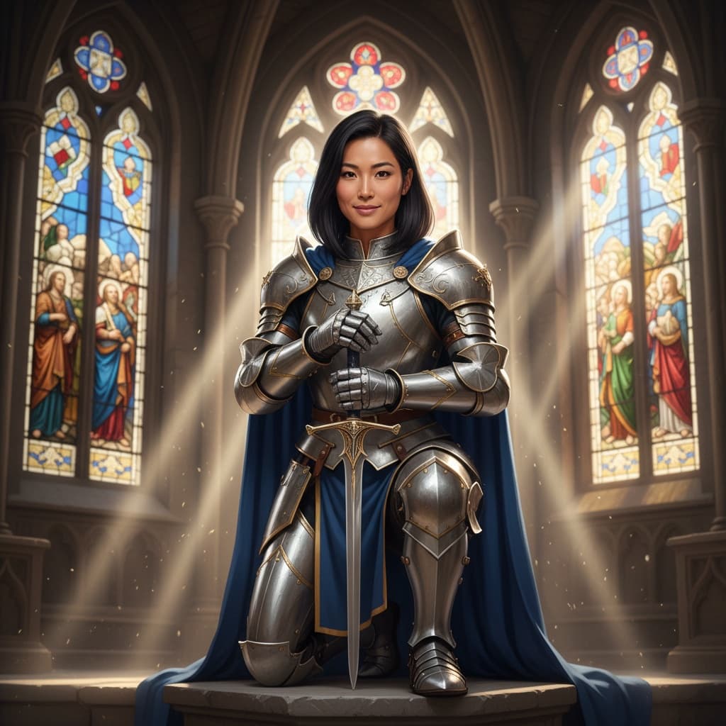 athletic asian woman kneeling sword ceremony 99594552