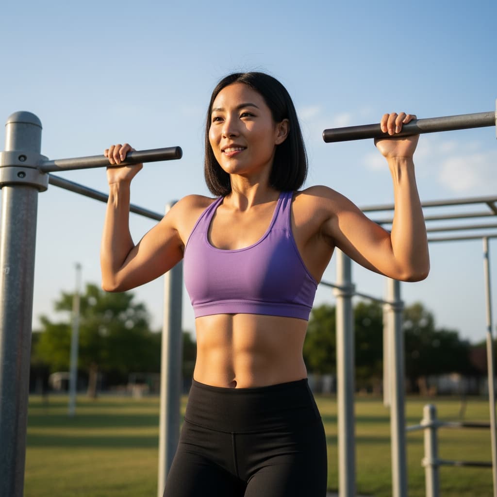 athletic asian woman outdoor calisthenics pullup 10854935