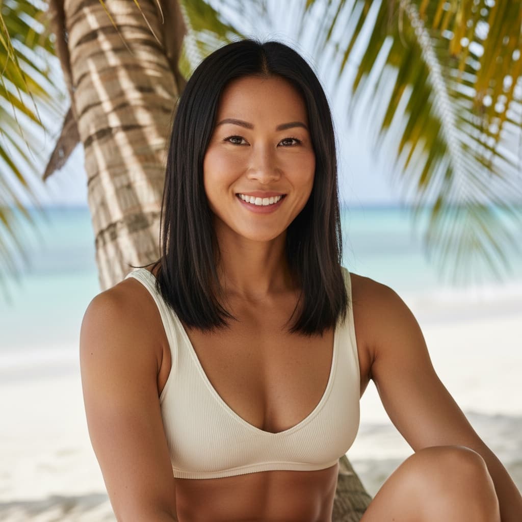 athletic asian woman palm tree shade portrait 42032825