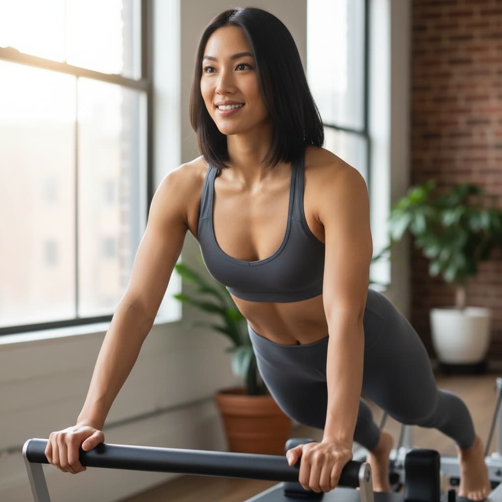 athletic asian woman reformer pilates workout 31816329