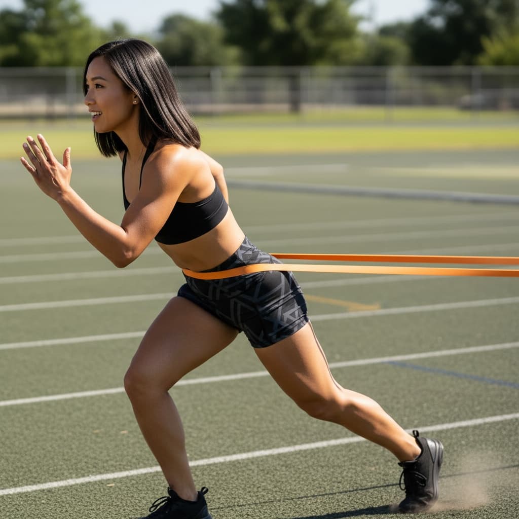 athletic asian woman resistance band training 32319852