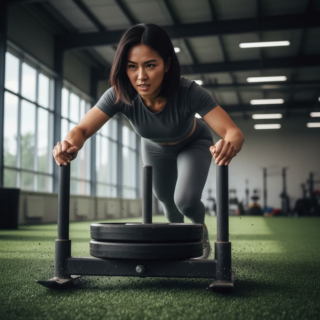 athletic asian woman sled push power drive 78574832