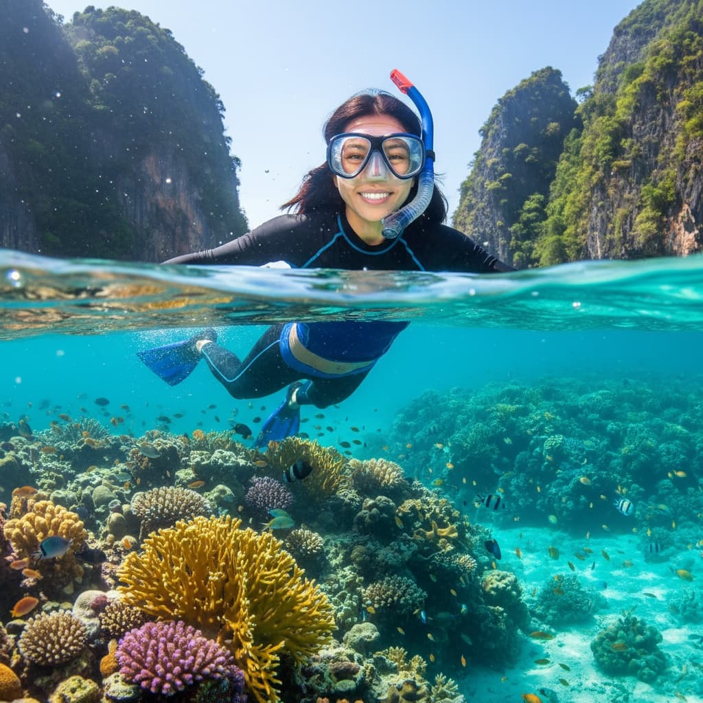 athletic asian woman snorkeling coral reef 28792441
