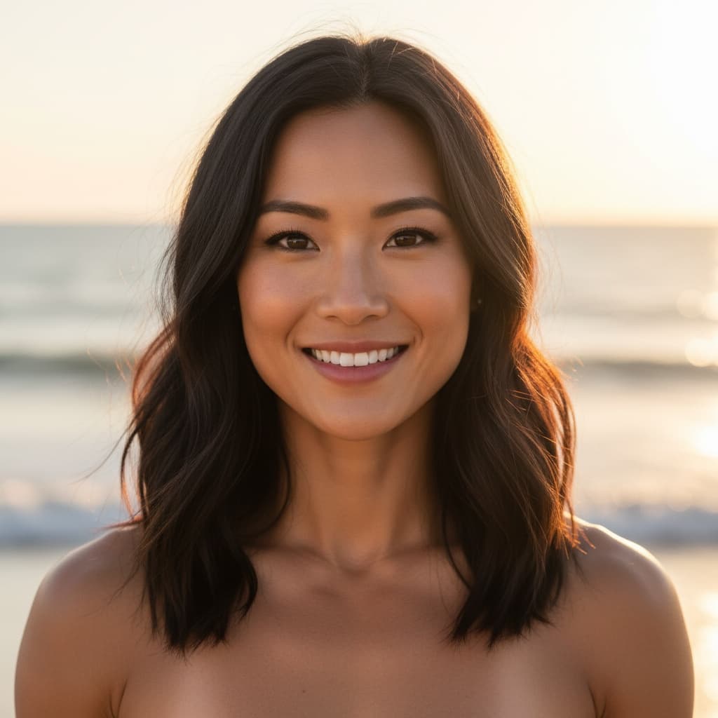 athletic asian woman sunset beach portrait closeup 83759481