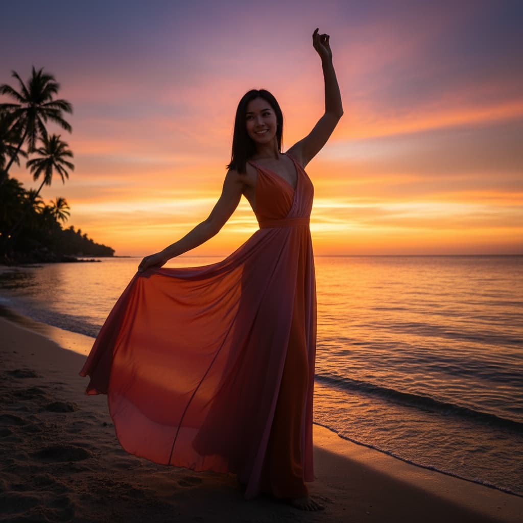 athletic asian woman sunset beach silhouette 20350094