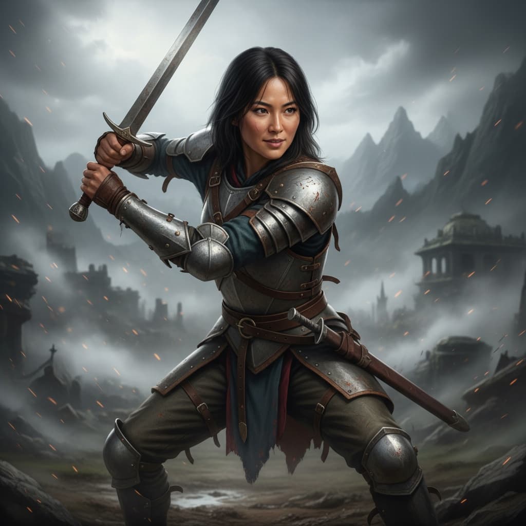 athletic asian woman sword combat ready pose 72626295