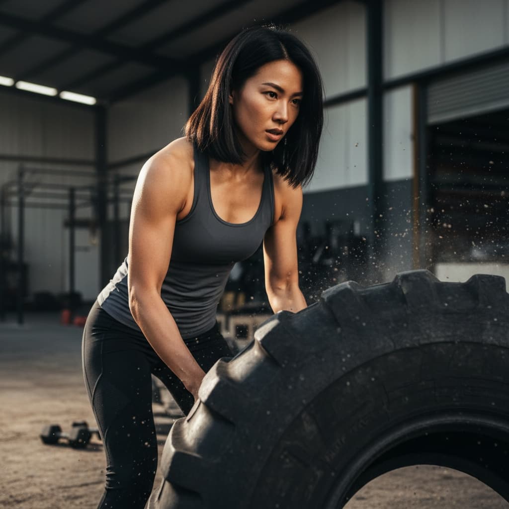 athletic asian woman tire flip strength 47640008