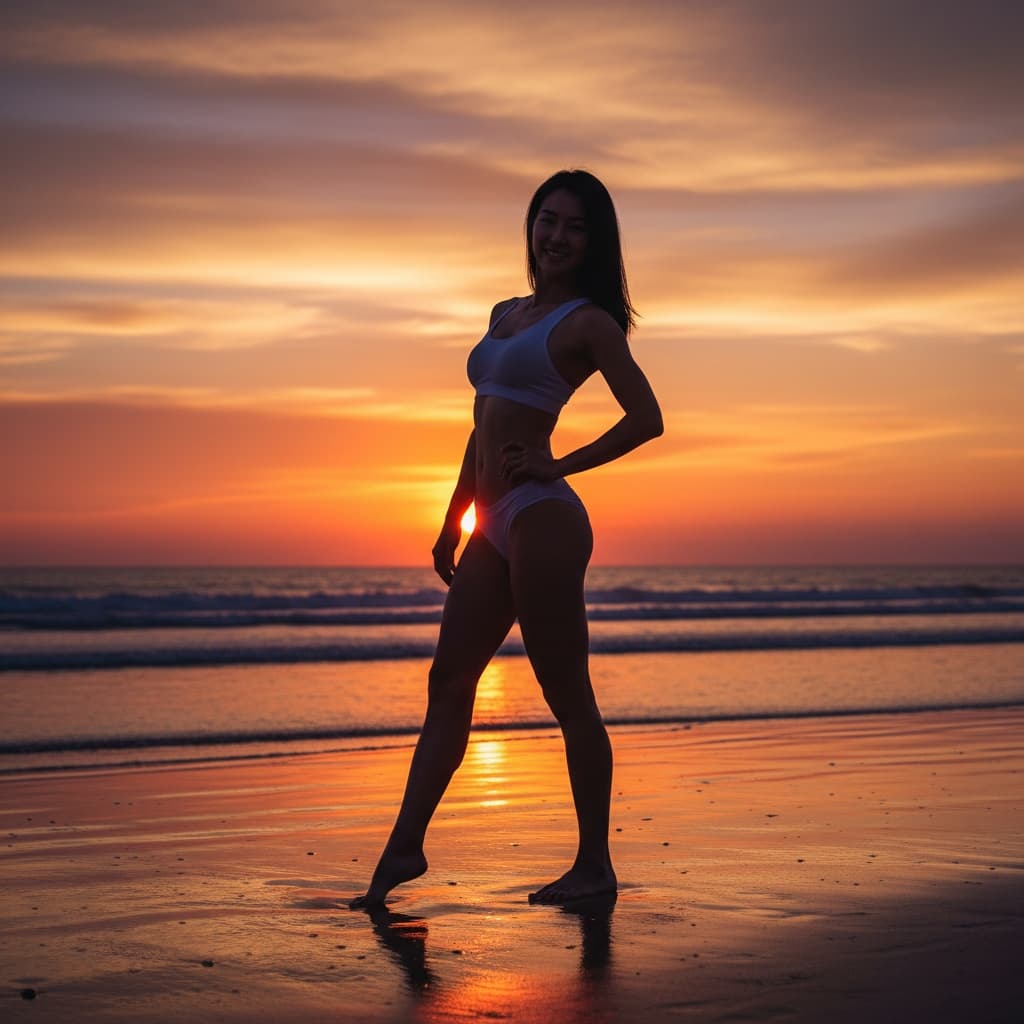 athletic asian woman tropical sunset silhouette 92382647